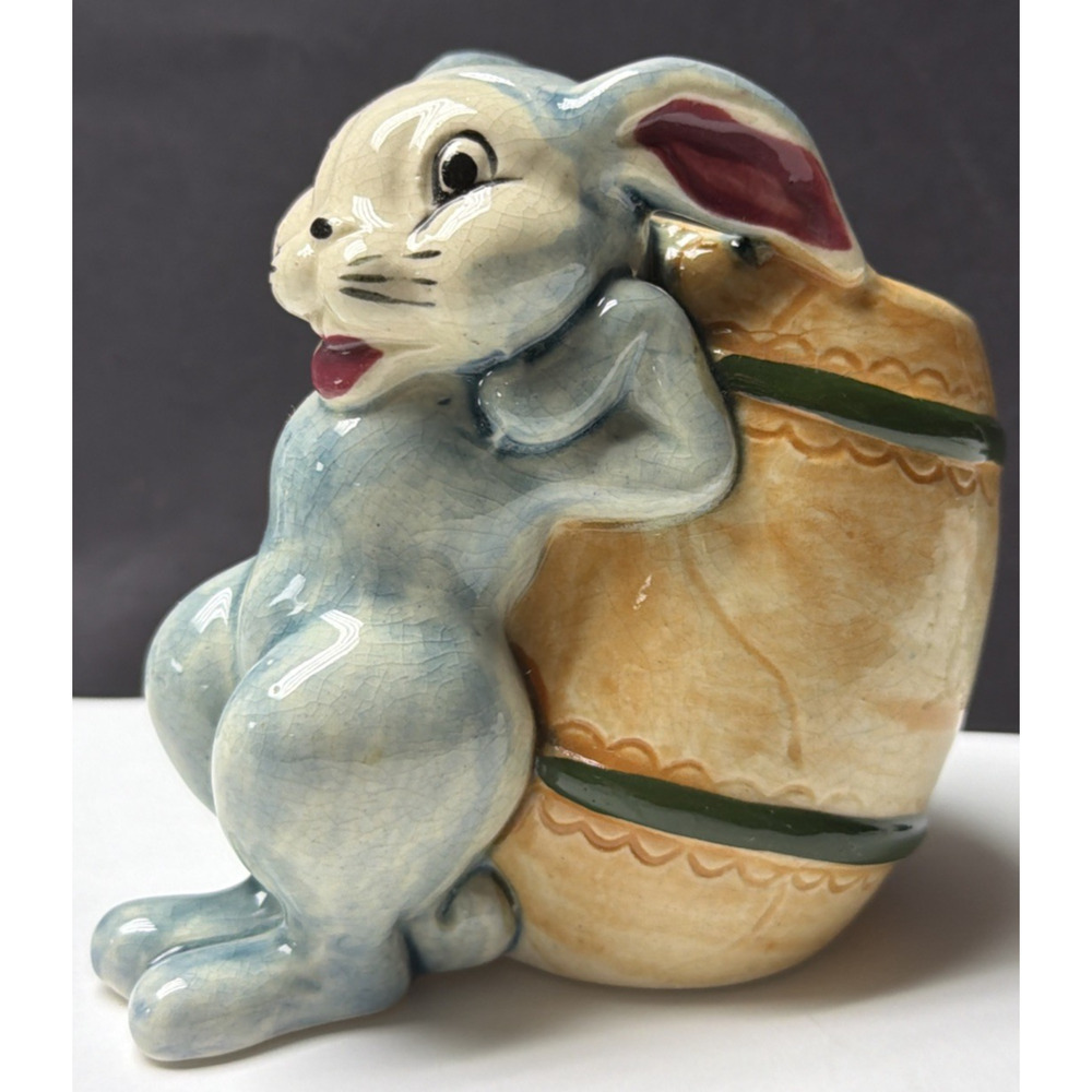 Vintage MK Japan Anthropomorphic Bunny Rabbit Ceramic Barrel Egg Vase Easter